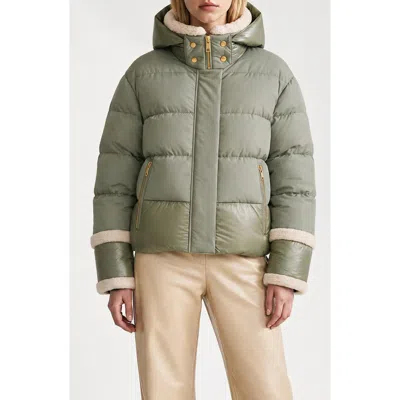 Noize Karly Faux Shearling Trim Puffer Jacket In Green