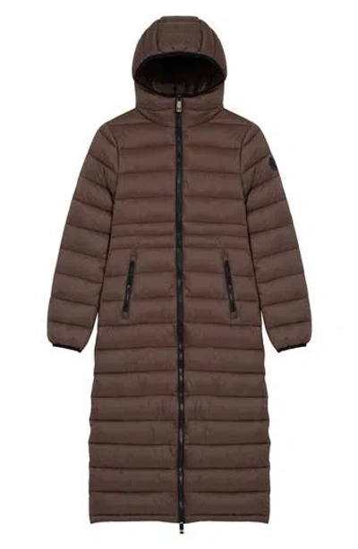 Noize Lightweight Long Puffer Coat In Brown