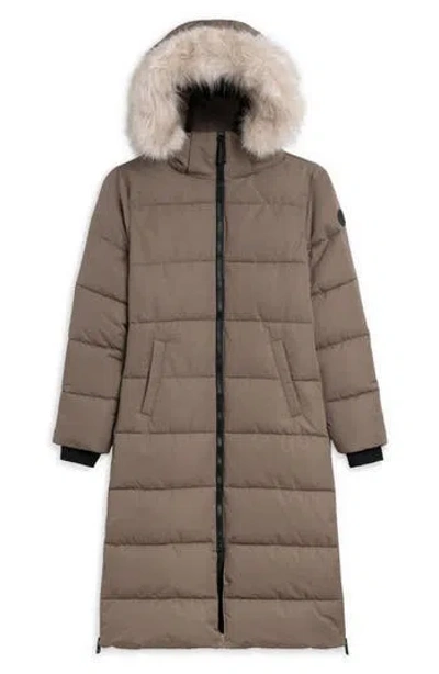 Noize Long Parka With Faux Fur Trim In Brown