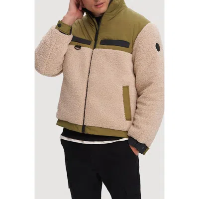 Noize Lukaz Faux Shearling Trim Puffer Jacket In Oat/moss
