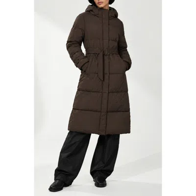 Noize Mara Belted Maxi Puffer Coat With Removable Hood In Coffee