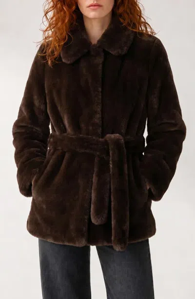 Noize Sally Faux Fur Belted Jacket In Brown