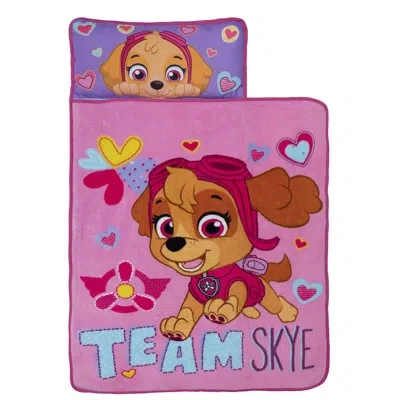 Nojo Paw Patrol Team Skye Toddler Nap Mat -  Includes Attached Pillow And Fleece Blanket In Pink