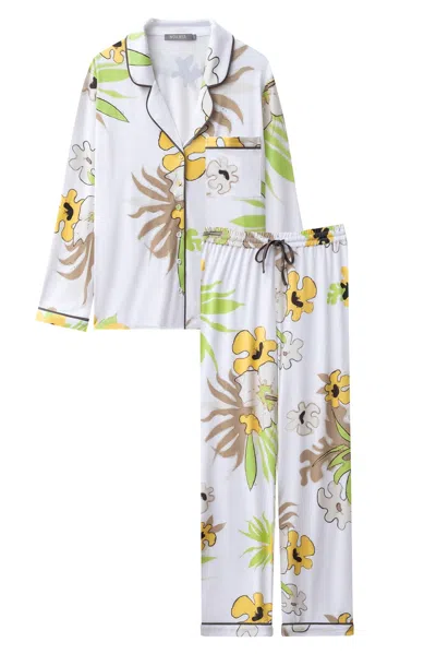 Nokaya Women's Bamboo Long Pyjama Set In White Flower