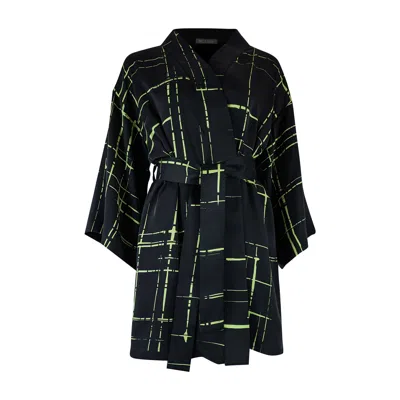 Nokaya Women's Silk Dreamscape Short Kimono Robe Black Check
