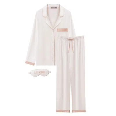 Nokaya Women's White Bamboo Long Pyjama Set In Unbleached Cotton