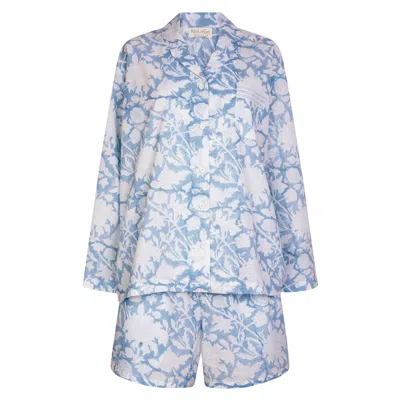 Nologo-chic Women's Hand Block Printed Cotton Shorts Pj Set Cotton De Nimes Blue