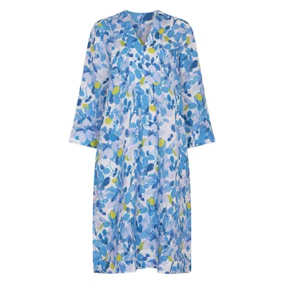 Nologo-chic Women's Blue Green Plum Print Picot Midi Dress Linen Multi