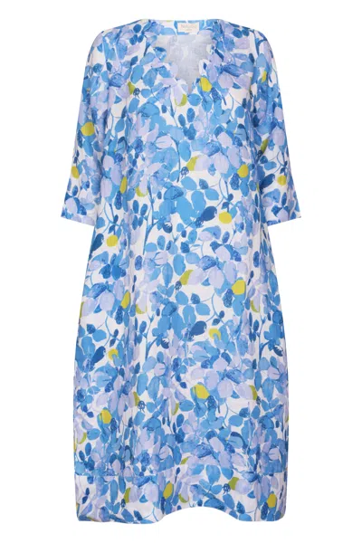 Nologo-chic Women's Blue / White Green Plum Scallop V Neck Midi Dress Linen Blue In Blue/white