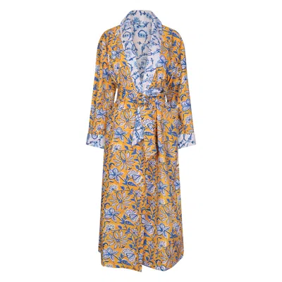 Nologo-chic Women's Gold / Blue Sunflower Reversible Robe  Cotton Indigo In Gold/blue