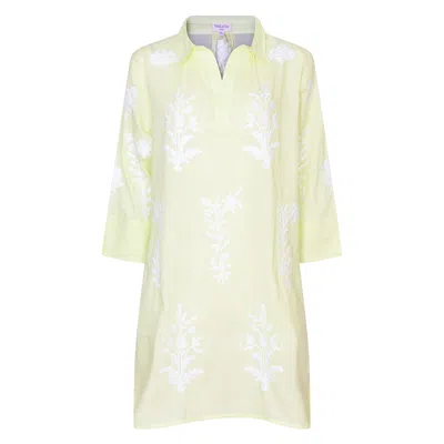 Nologo-chic Women's Green Short Tourist Dress Lime With White Embroidery Cotton