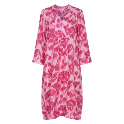 Nologo-chic Women's Red Ikat Rose Picot Midi Dress Linen Pink