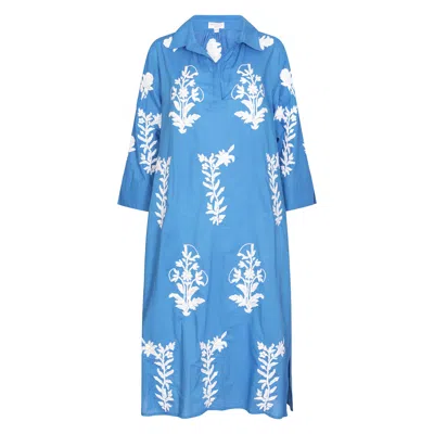 Nologo-chic Women's Short Tourist Dress Blue With White Embroidery Cotton