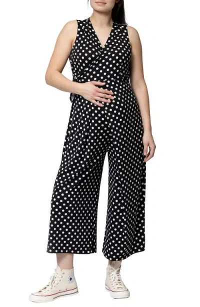 Nom Maternity Francesca Wide Leg Maternity/nursing Jumpsuit In Black W/white Dot