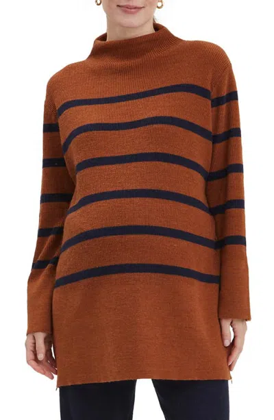 Nom Maternity Sarabeth Maternity & Nursing Mock Neck Sweater In Brown Navy Stripe