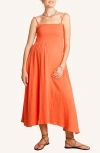 Nom Maternity Smocked Cotton Gauzy Midi Maternity Dress In Orange