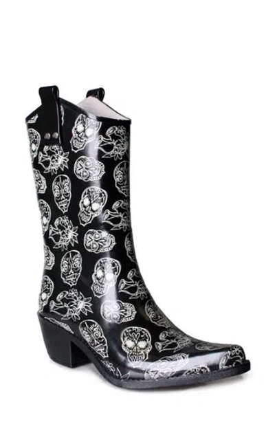 Nomad Yippy Western Rain Boot In Black/white Skulls