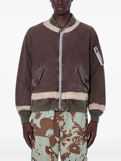 Nomarhythm Distressed-finish Zipped-sleeve Bomber Jacket In Braun