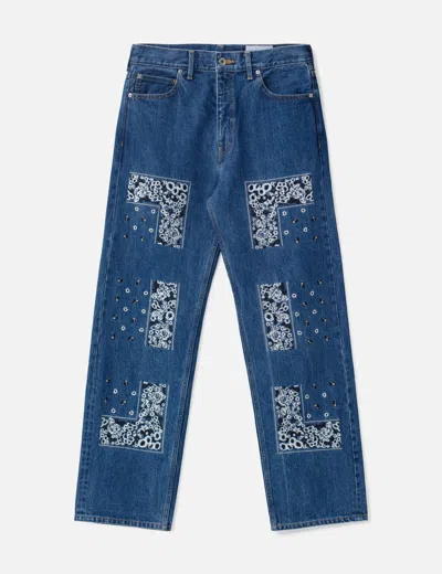 Nòmarhythm Textile Bandana Embroidery Denim Pants In Blue