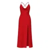 Nomi Fame Women's Aphrodite Red Draped Cowl Neck Evening Gown With Slit And Crossed Straps