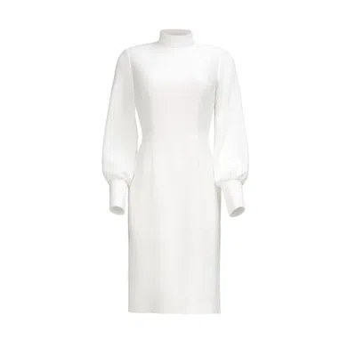Nomi Fame Women's Emira White High Neck Long Sleeve Crepe Midi Dress