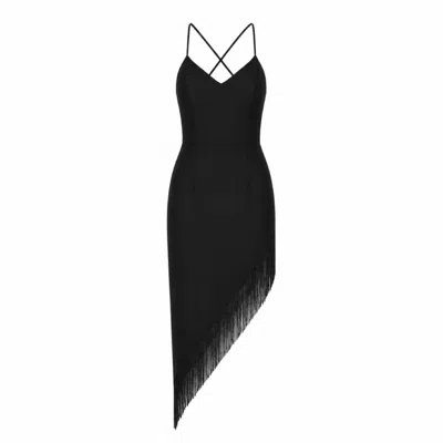 Nomi Fame Women's Ondine Black Dress With Asymmetric Skirt And Beaded Fringes