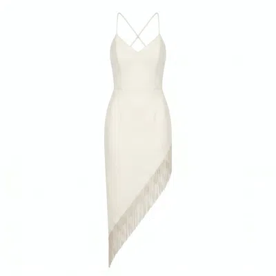 Nomi Fame Women's Ondine Creamy White Dress With Asymmetric Skirt And Beaded Fringes