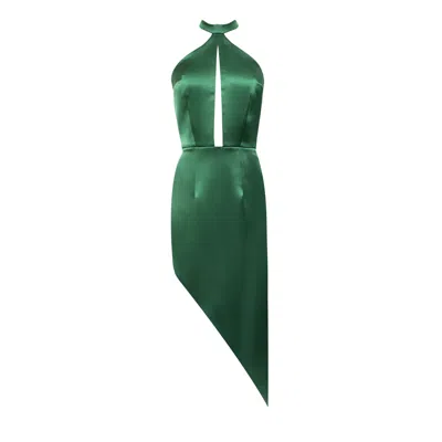 Nomi Fame Women's Pamela Green Satin Halter Neck  Dress With Asymmetric Skirt