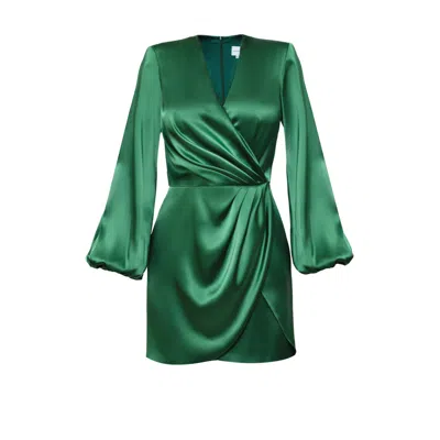 Nomi Fame Women's Paris Green Satin Long Sleeve Draped Mini Dress