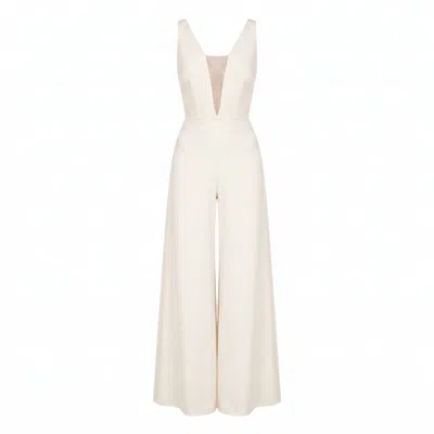 Nomi Fame Women's Primrose Deep V-neck Creamy White Palazzo Jumpsuit