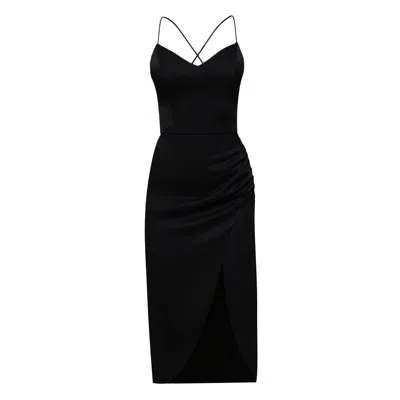 Nomi Fame Women's Selena Black Satin Midi Dress With Straps And Draped Skirt