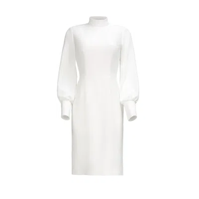 Nomi Fame Women's White Emira High Neck Long Sleeve Crepe Midi Dress