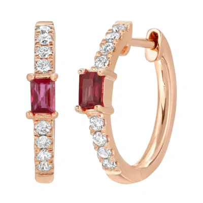Pre-owned Non Branded 0.47 Ct Natural Ruby & 0.17 Ct Diamonds In 14k Rose Gold Hoop Earrings In Red