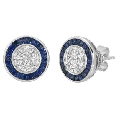 Pre-owned Non Branded 1.09 Ct Natural Blue Sapphire & 0.89 Ct Diamonds18k White Gold Stud Earrings