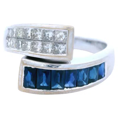 Pre-owned Non Branded 14k White Gold Natural Sapphire & Diamond Bypass Ring