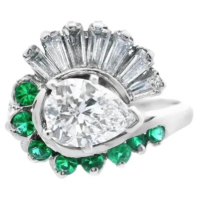 Pre-owned Non Branded 14k White Gold Pear Shaped Diamond And Emerald Ring With Gia Report