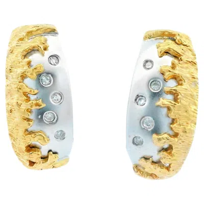 Pre-owned Non Branded 14k Yellow & White Gold Two Tone Diamond Huggie Earrings
