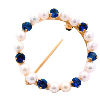 Pre-owned Non Branded 14k Yellow Gold Craig Drake Royal Blue Sapphire & Pearl Circle Pin Ca. 1960s