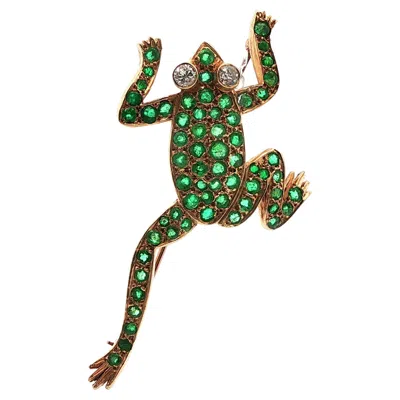 Pre-owned Non Branded 14k Yellow Gold Diamond & Green Emerald Frog Pin 2 Carats+
