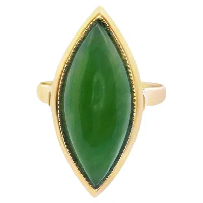 Pre-owned Non Branded 14k Yellow Gold Green Jade Cabochon Statement Ring