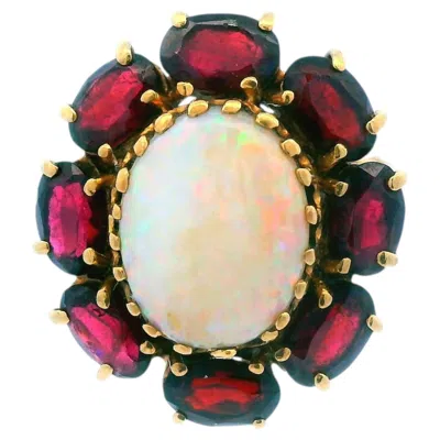 Pre-owned Non Branded 14k Yellow Gold Opal & Red Garnet Cocktail Ring Ca. 1950s