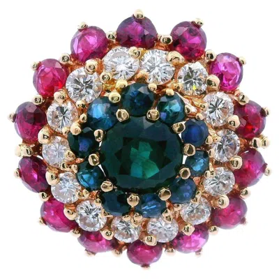Pre-owned Non Branded 14k Yellow Gold Sapphire, Diamond And Ruby Ring