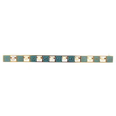 Pre-owned Non Branded 14k Yellow Gold Seed Pearl And Blue Enamel Bar Pin From 1915 Art Deco Greek Key