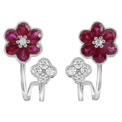 Pre-owned Non Branded 1.60 Ct Natural Ruby & 0.45 Ct Diamonds In 18k White Gold Flower Earrings