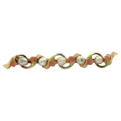 Pre-owned Non Branded 1890 Art Nouveau 14k Yellow Gold Pearl & Enamel Flower Brooch