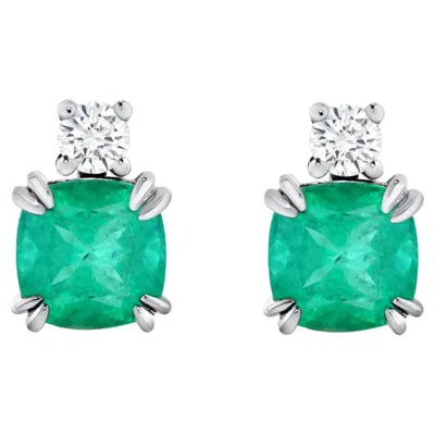 Pre-owned Non Branded 2.18 Ct Natural Emerald 0.22 Ct Diamonds 14k White Gold Stud Earrings
