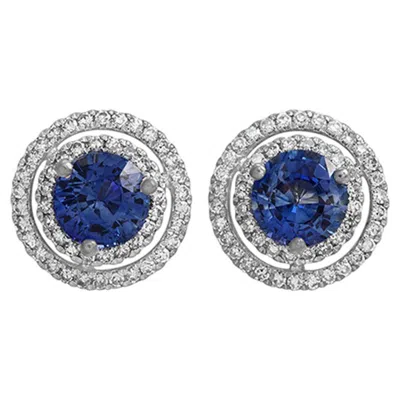 Pre-owned Non Branded 2.26 Ct Natural Blue Sapphire & 0.47 Ct Diamonds 14k White Gold Stud Earrings