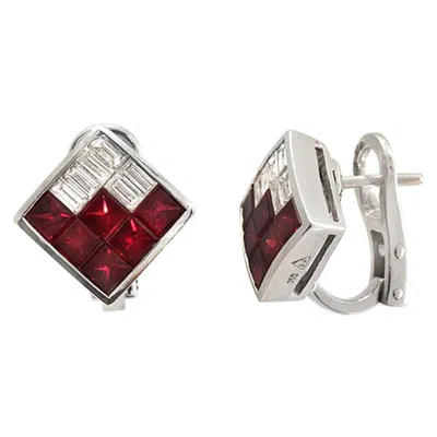 Pre-owned Non Branded 2.40 Ct Natural Ruby & 0.90 Ct Diamonds In 18k White Gold Omega Back Earrings