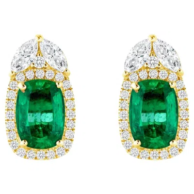Pre-owned Non Branded 4.18 Ct Natural Emerald 1.44 Ct Diamonds 14k Yellow Gold Stud Earrings