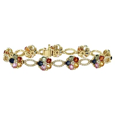 Pre-owned Non Branded 7.65 Ct Multicolor Sapphires 0.85ct Diamonds In 14k Gold Flower Bracelet